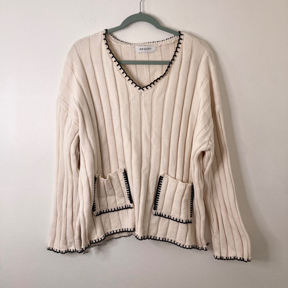 Cream Ribbed V-Neck Sweater Black Blanket Stitch Trim Aur Society L Coastal Boho